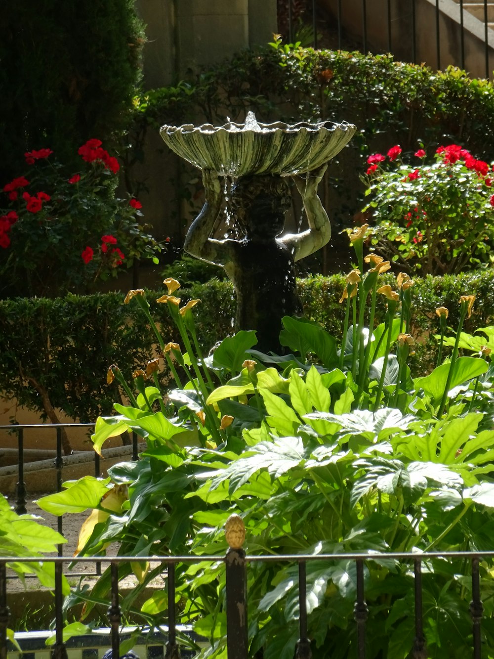 a water fountain surrounded by lush green plants