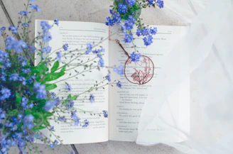 a book opened to a page with blue flowers