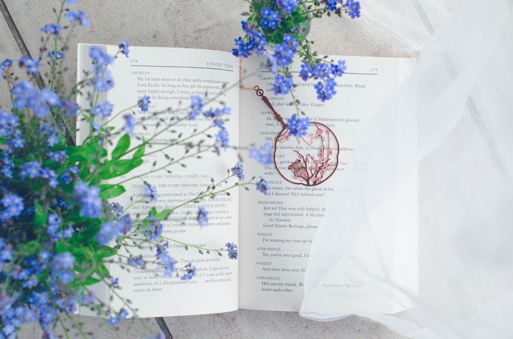 a book opened to a page with blue flowers
