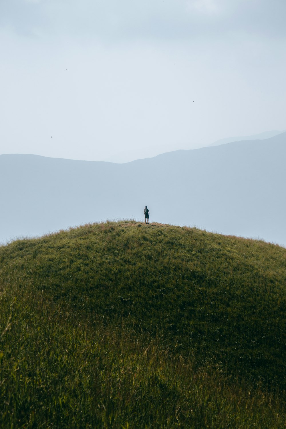 a lone person standing on top of a grassy hill