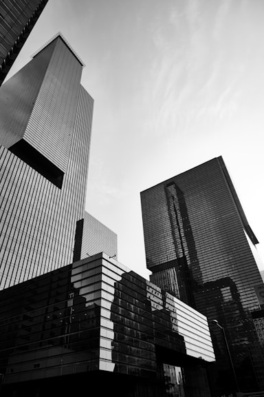 a black and white photo of skyscrapers in a city