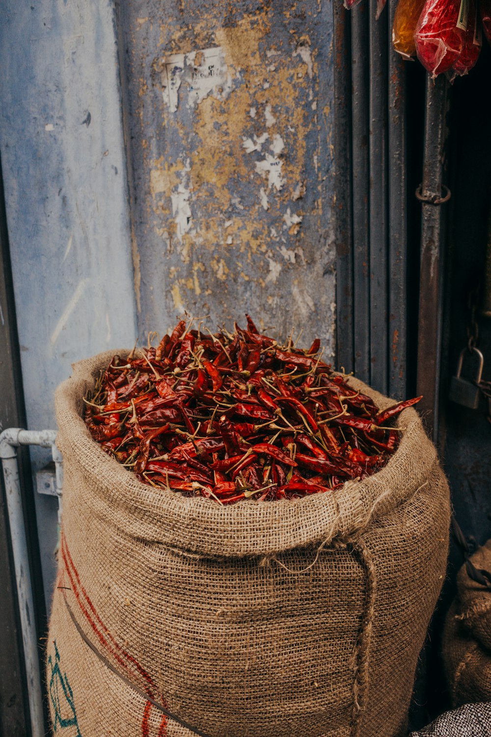 a sack full of dried red chili peppers
