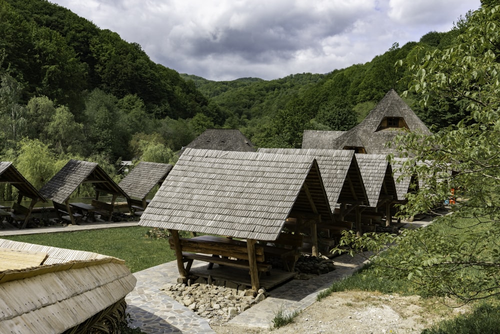 a row of wooden buildings sitting next to a forest