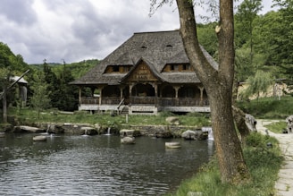 a house with a pond in front of it