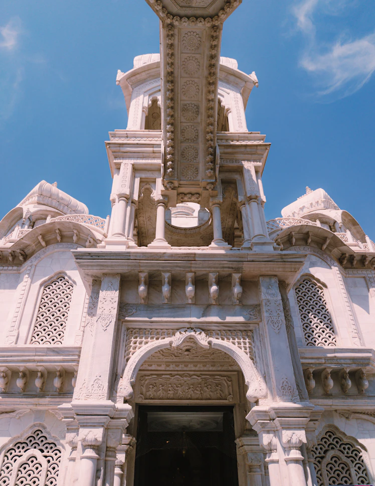 Intricate white marble detail work of India's heritage architecture