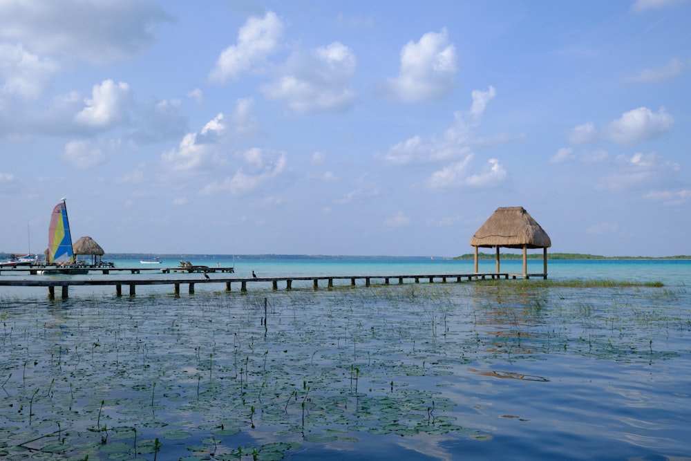 a dock with a thatched roof and sailboats in the water