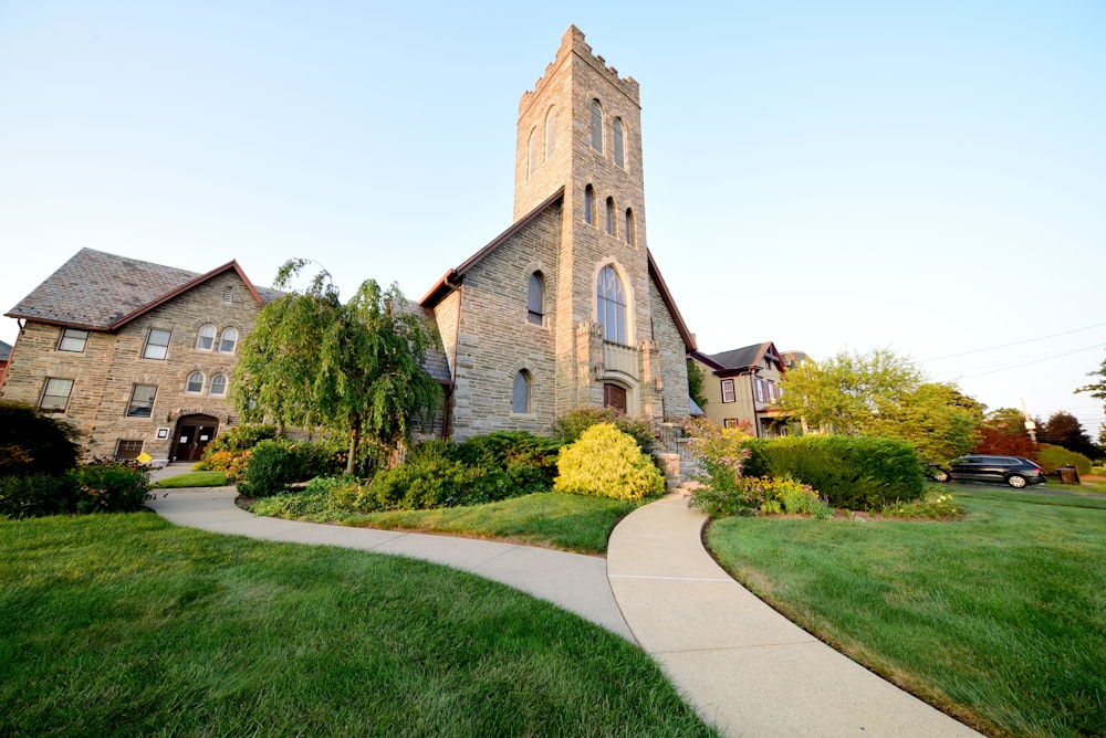 a church with a walkway leading to it