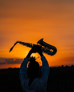 a person holding a saxophone in front of a sunset