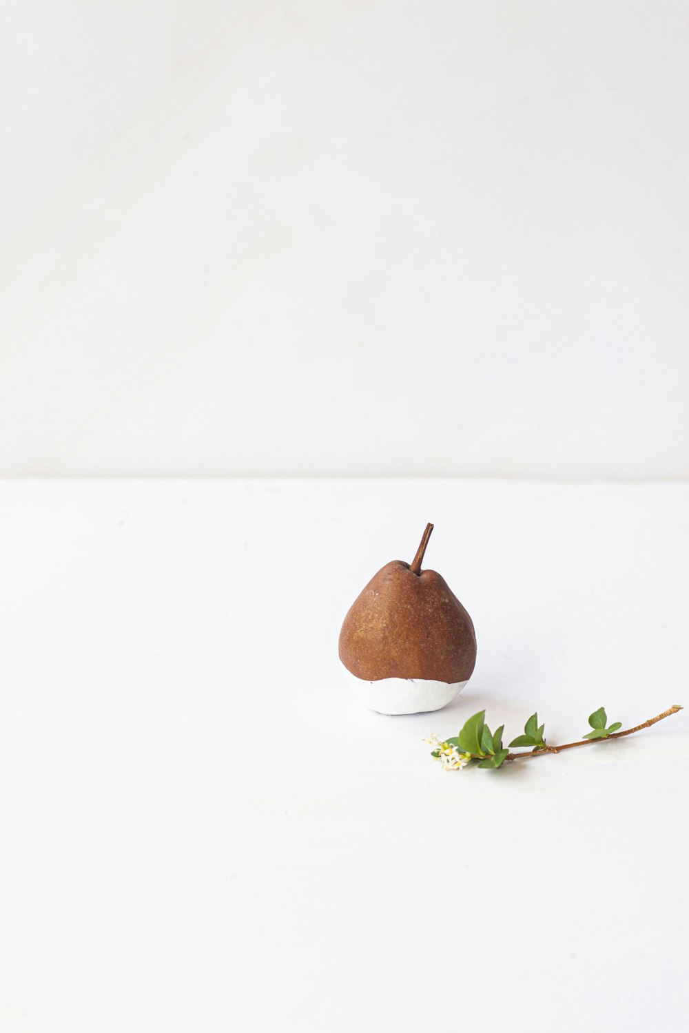 a piece of fruit sitting on top of a white table
