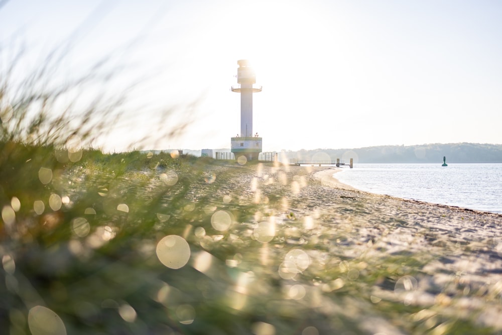 a light house on the shore of a body of water