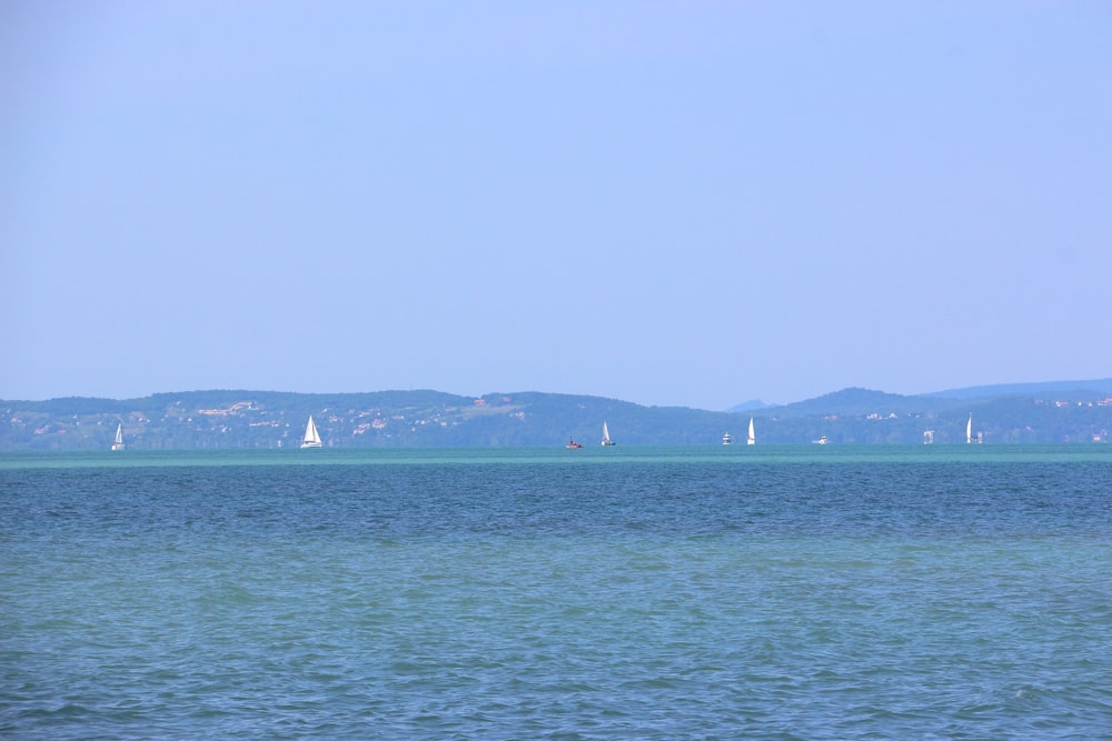a large body of water with sailboats in the distance