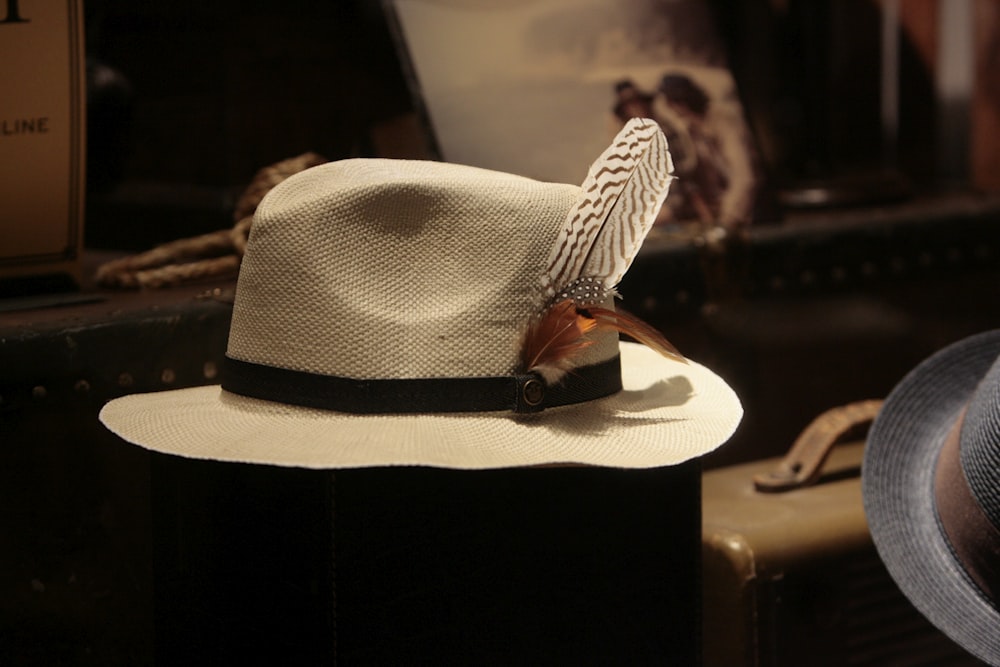 a white hat with a feather on top of it