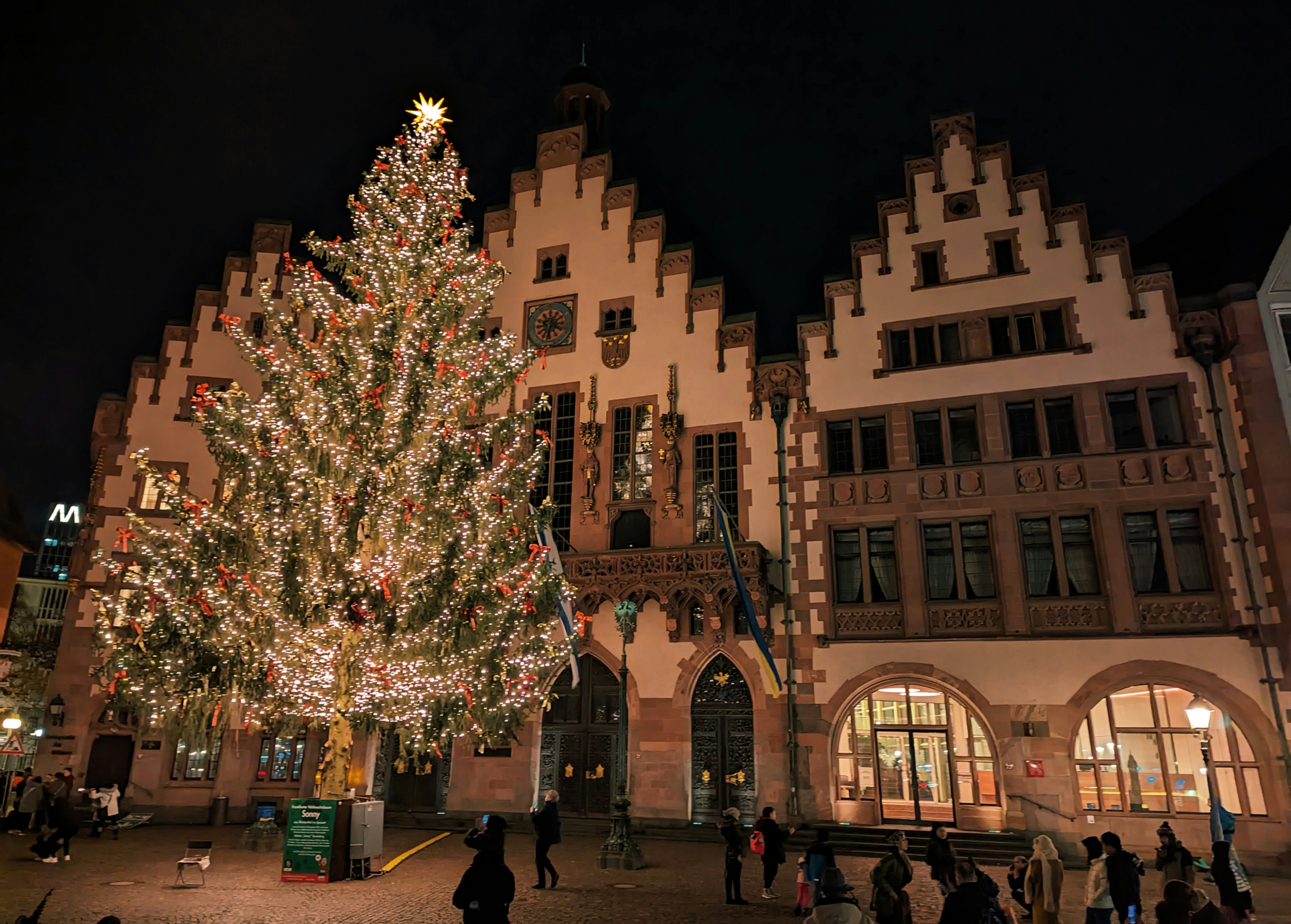 a large christmas tree in front of a building