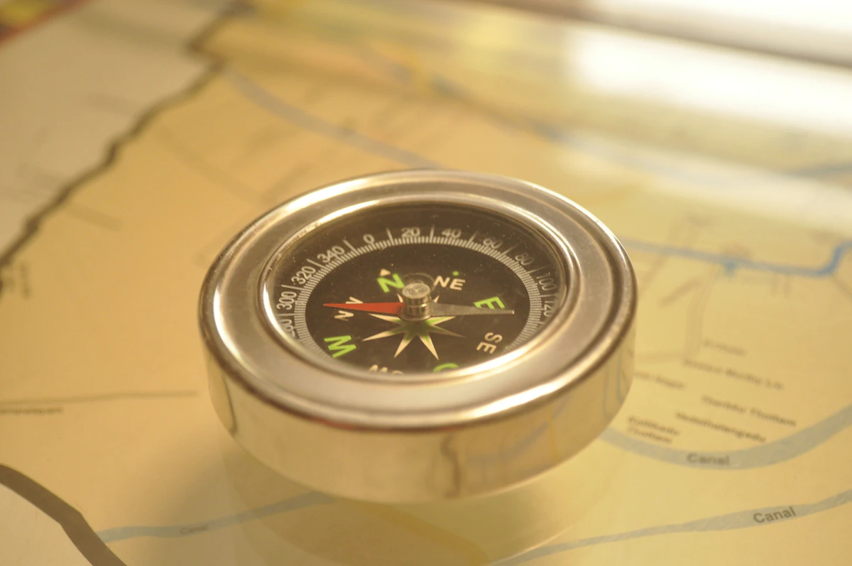 A compass resting on a paper map