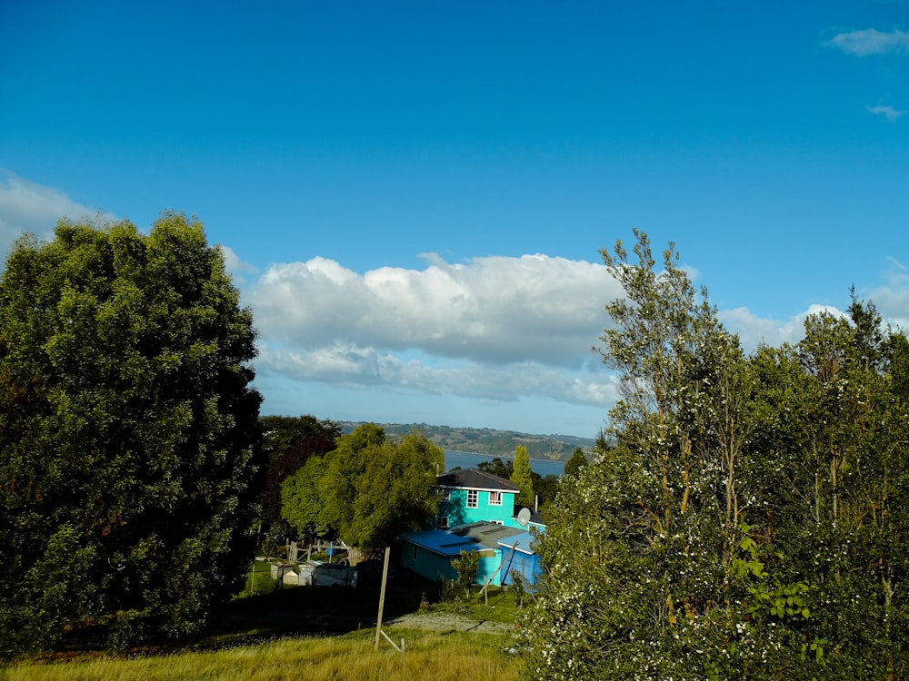 a blue house sitting in the middle of a lush green field