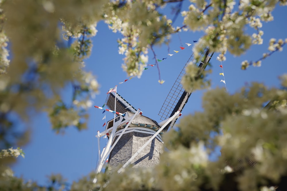 a windmill is seen through the branches of a tree