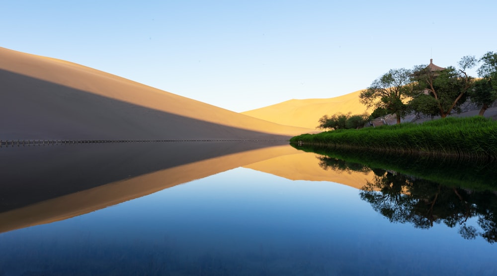 a body of water surrounded by sand dunes