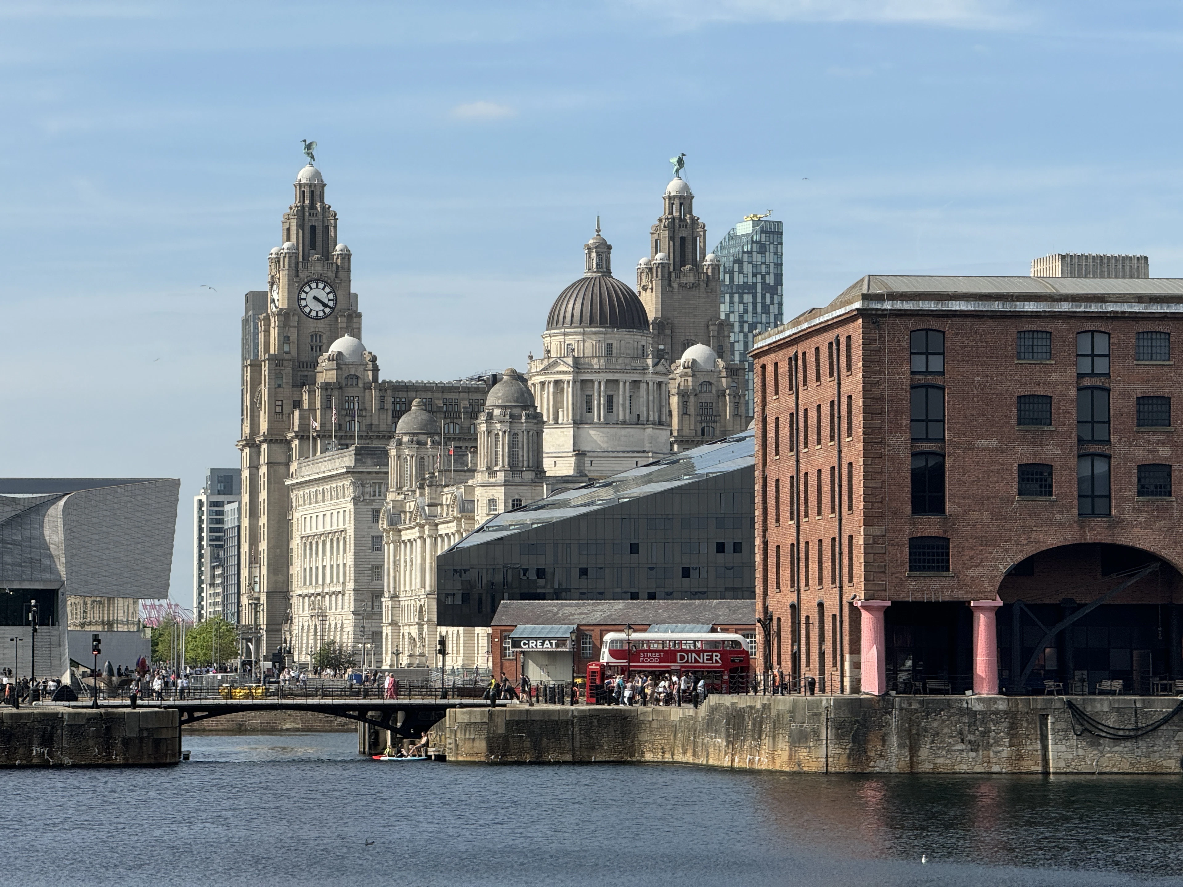 The Royal Liver Building and the Three Graces seen across the Royal Albert Dock, Liverpool