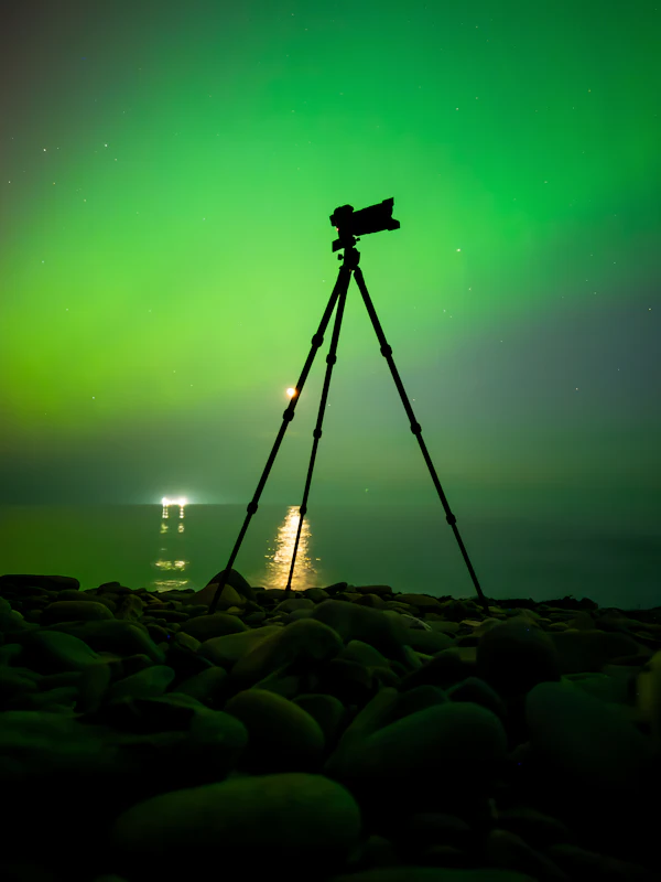 Silhouette of a camera on a tripod on a pebble beach beneath a bright green aurora