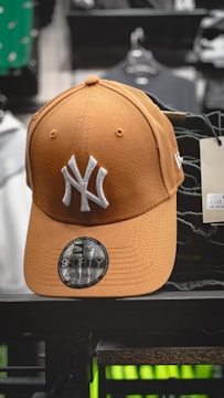 a new york yankees hat is on display