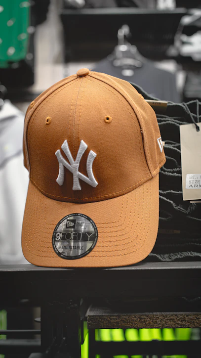 a new york yankees hat is on display