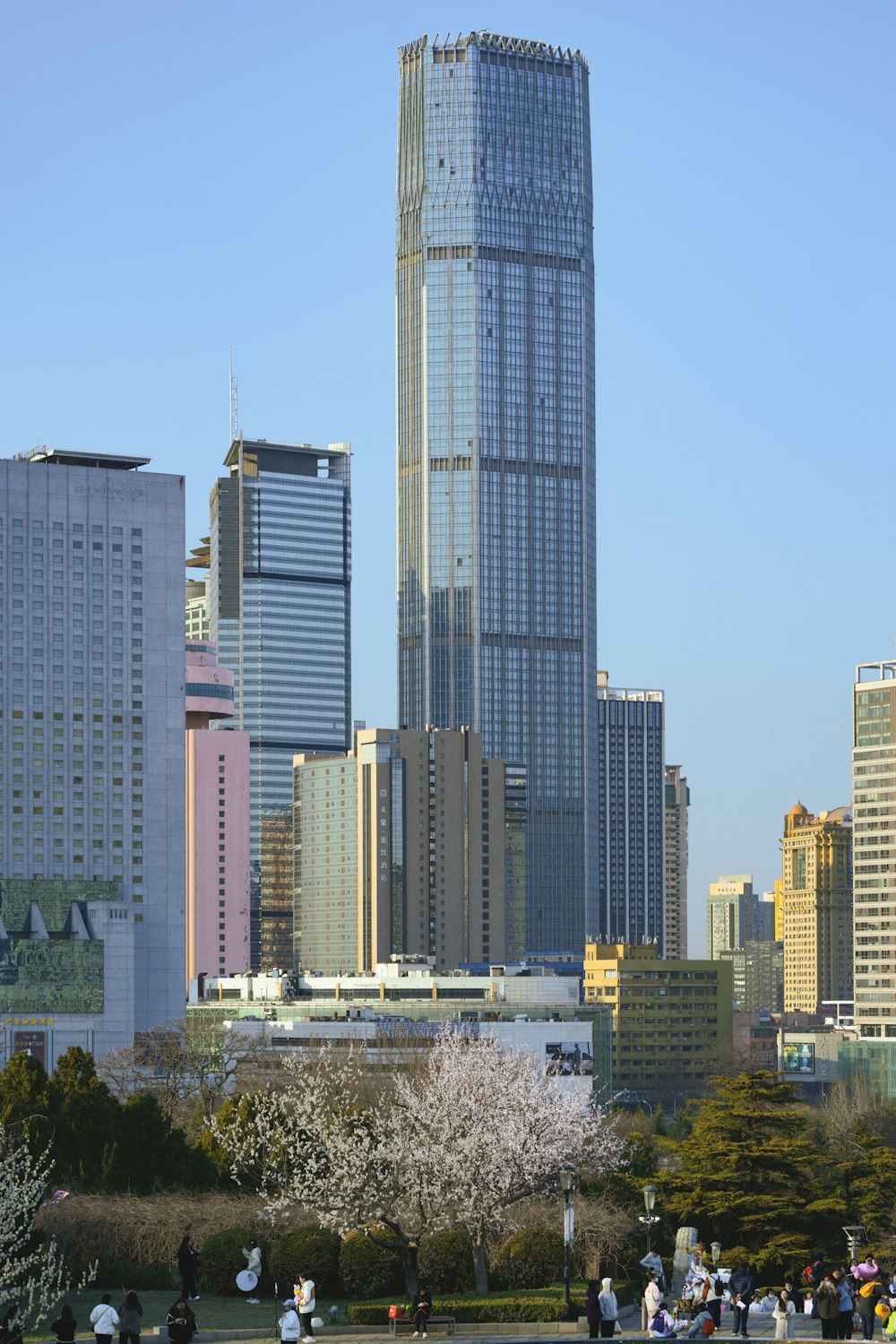 a group of people sitting in a park in front of tall buildings