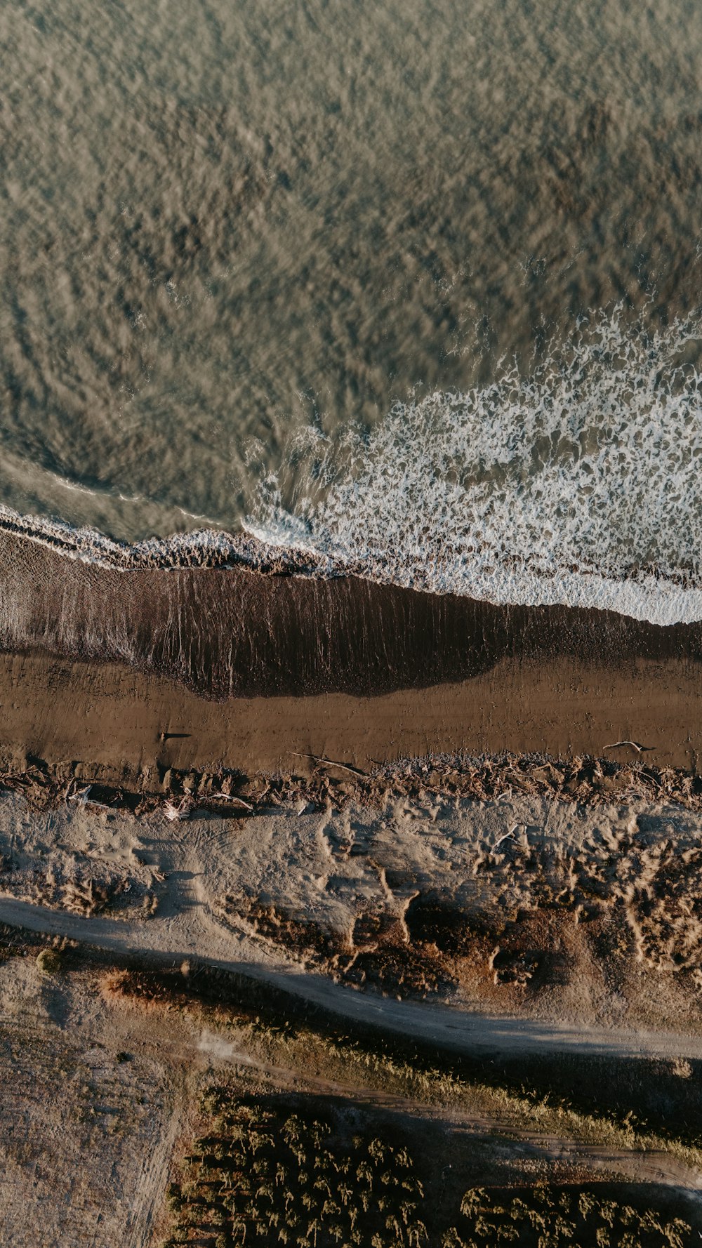 an aerial view of a sandy beach and ocean