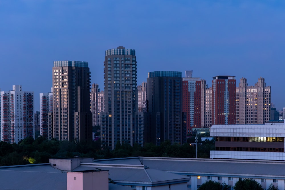 a view of a city skyline at dusk