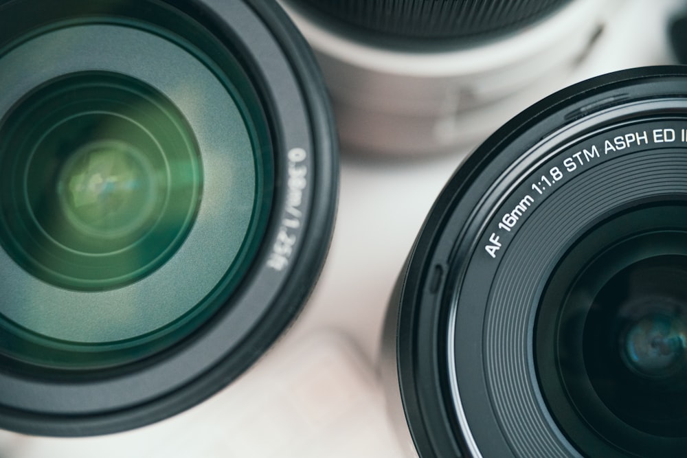 a close up of two camera lens's
