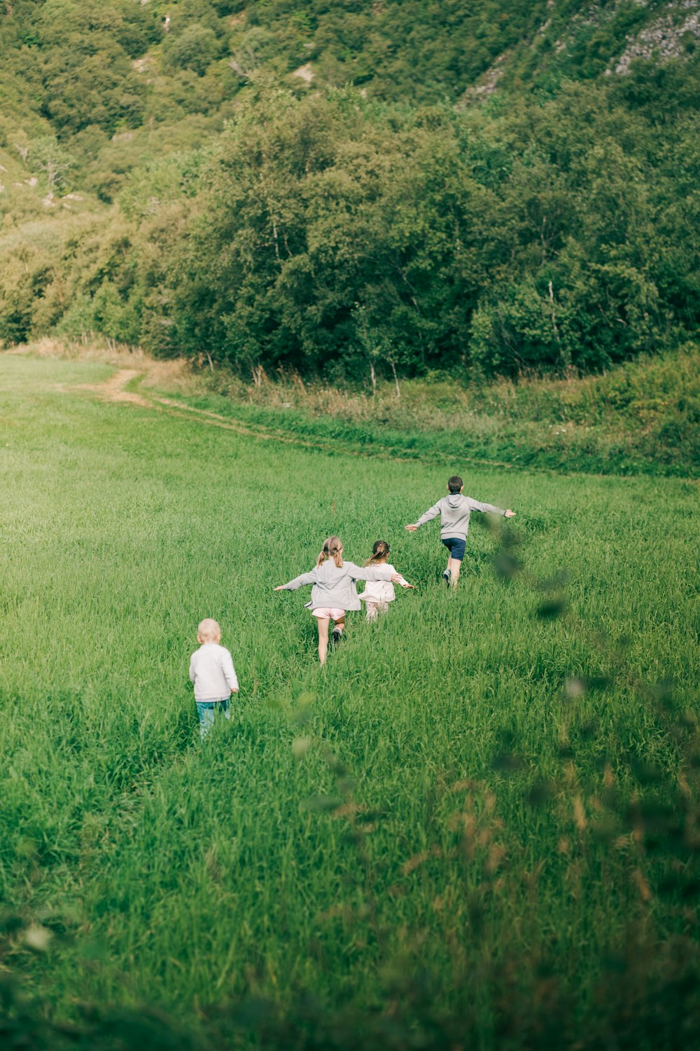a group of people walking through a lush green field
