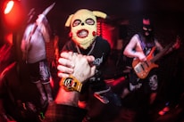 a person wearing a dog mask and holding a guitar