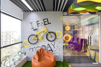 an office with a bike mounted to the wall