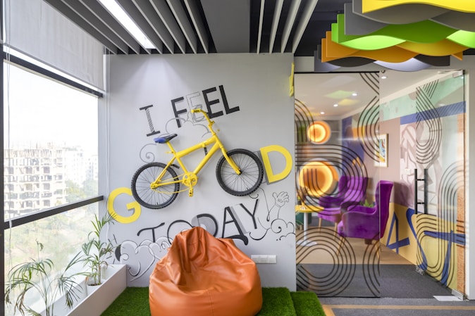 an office with a bike mounted to the wall