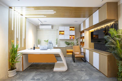 a room with a desk and a chair