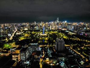 a view of a city at night from the top of a building