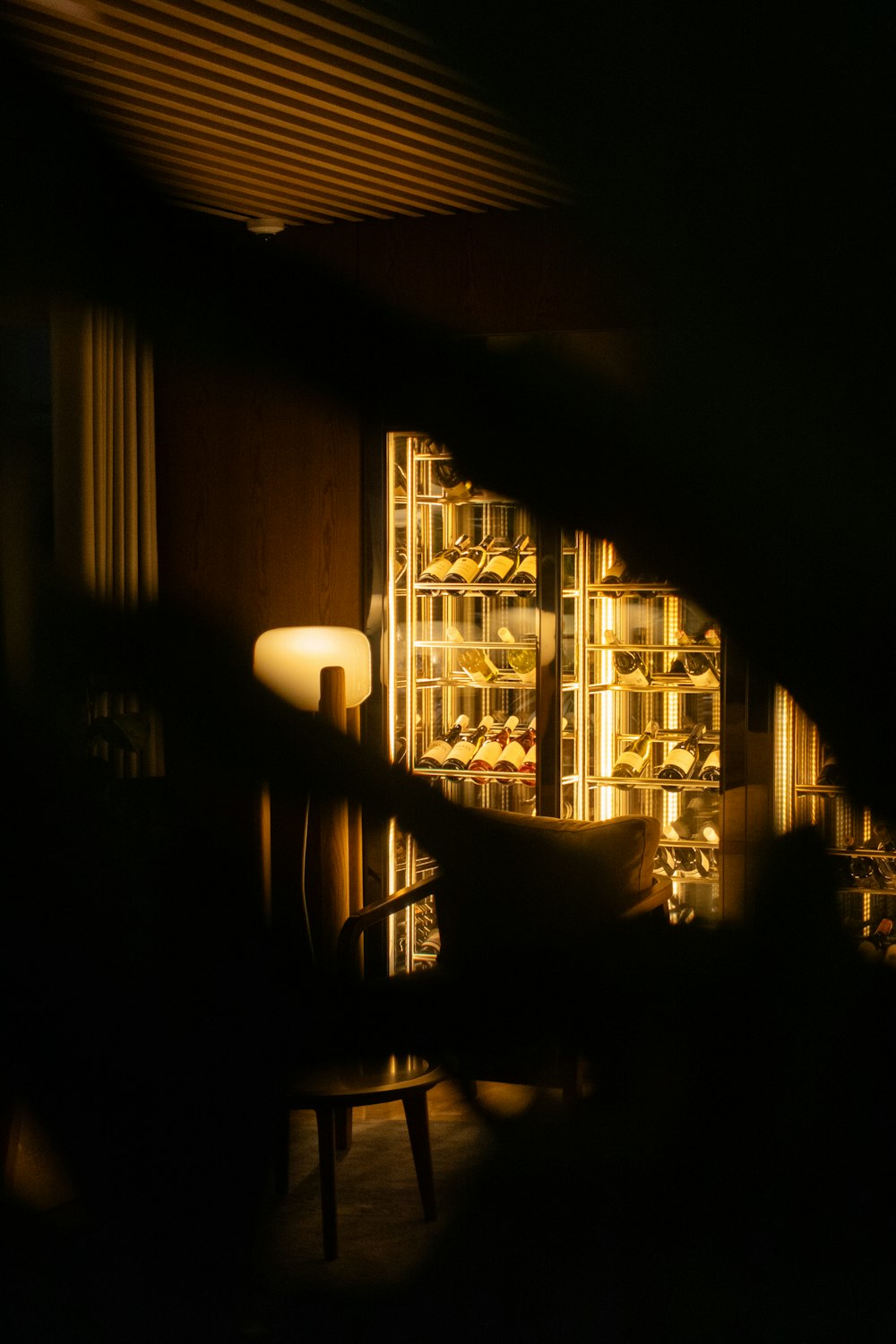 a dimly lit room with a wine rack in the background