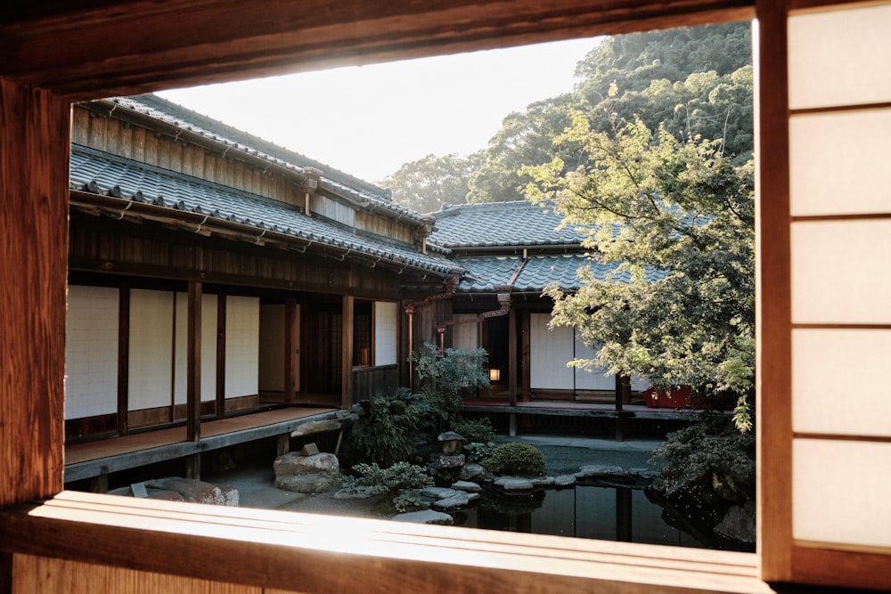 a view of a courtyard from a window