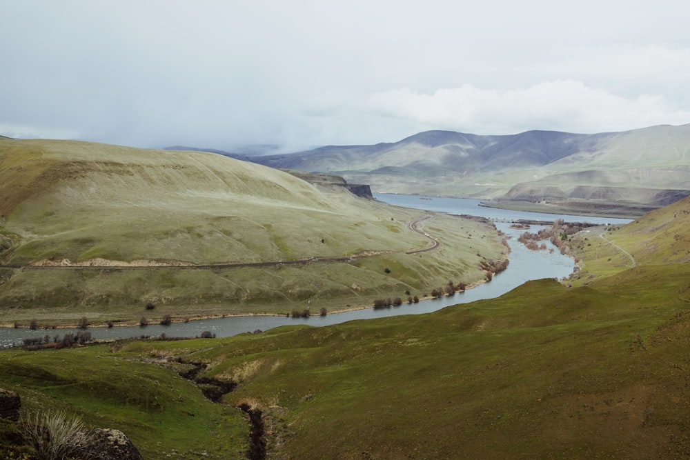 a river running through a lush green valley