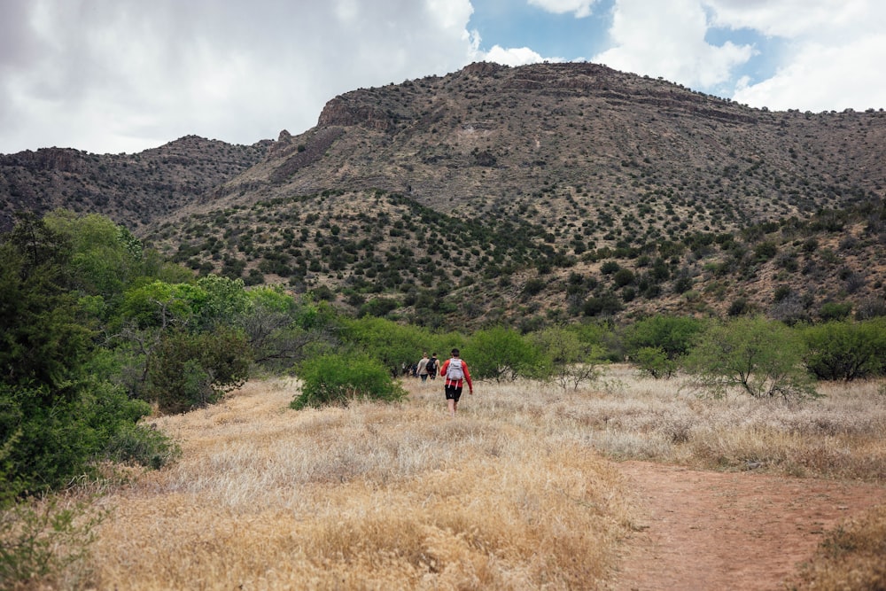 a group of people walking through a dry grass field