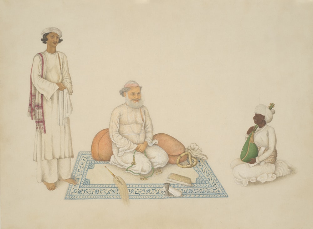 Un cuadro de dos hombres sentados sobre una alfombra