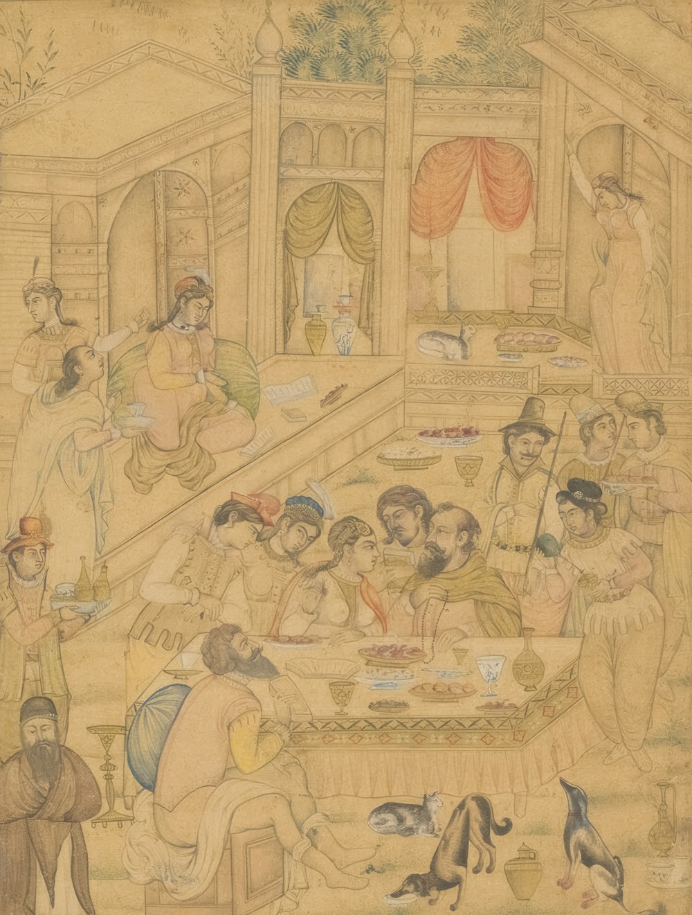 uma pintura de um grupo de pessoas sentadas ao redor de uma mesa