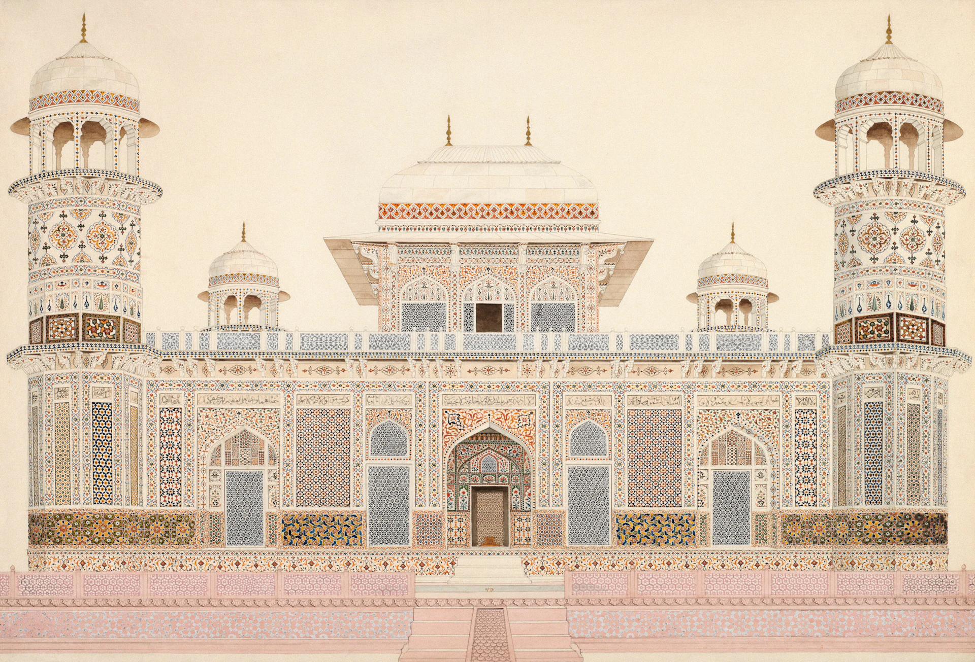 a drawing of a building with two towers