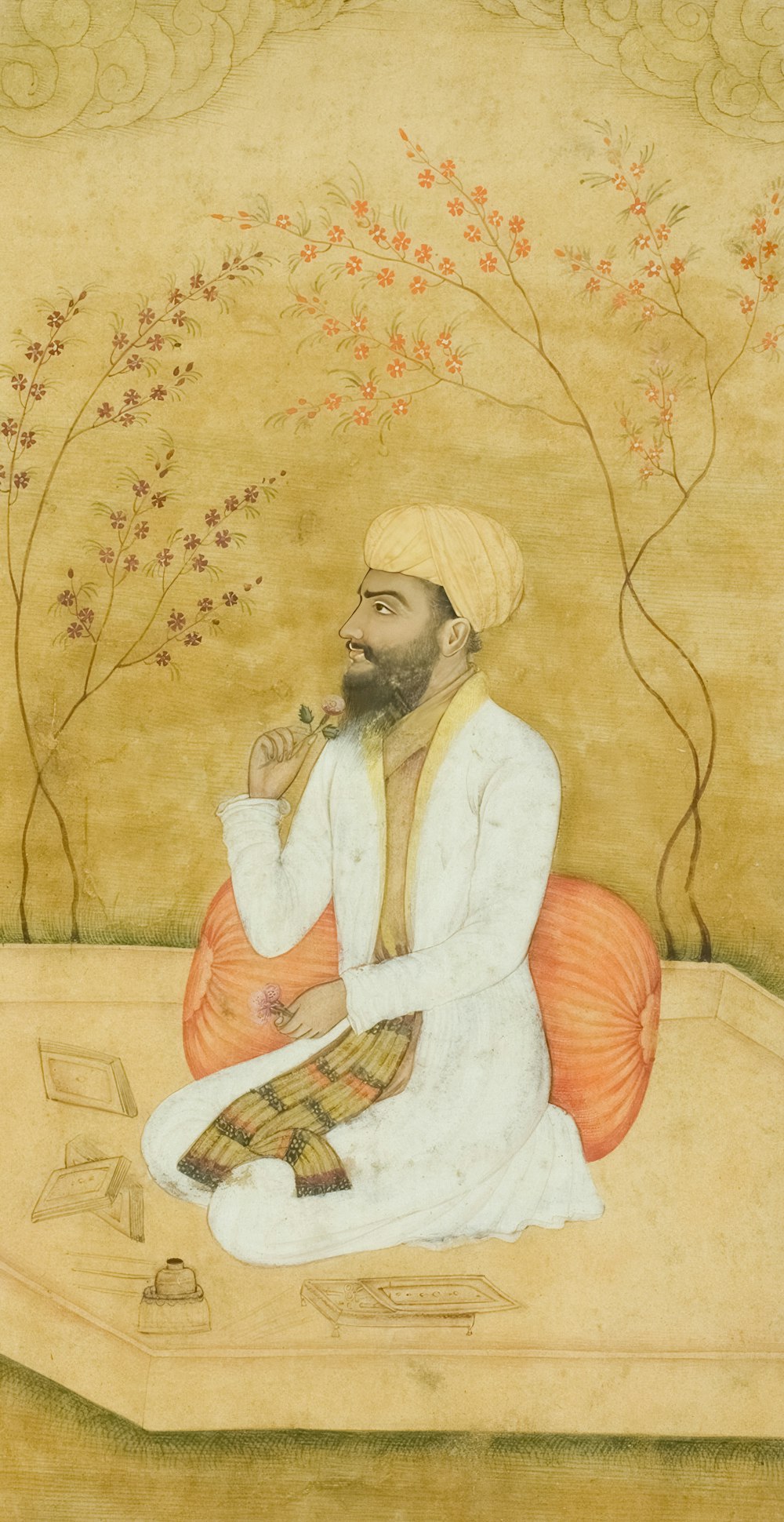 uma pintura de um homem sentado em uma cama