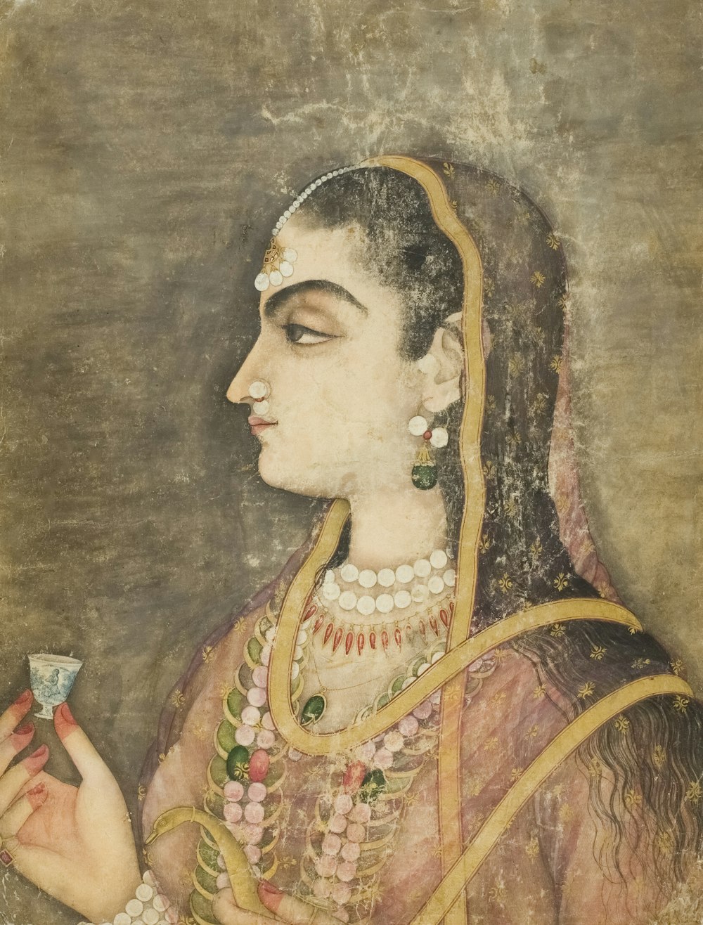 uma pintura de uma mulher segurando uma flor