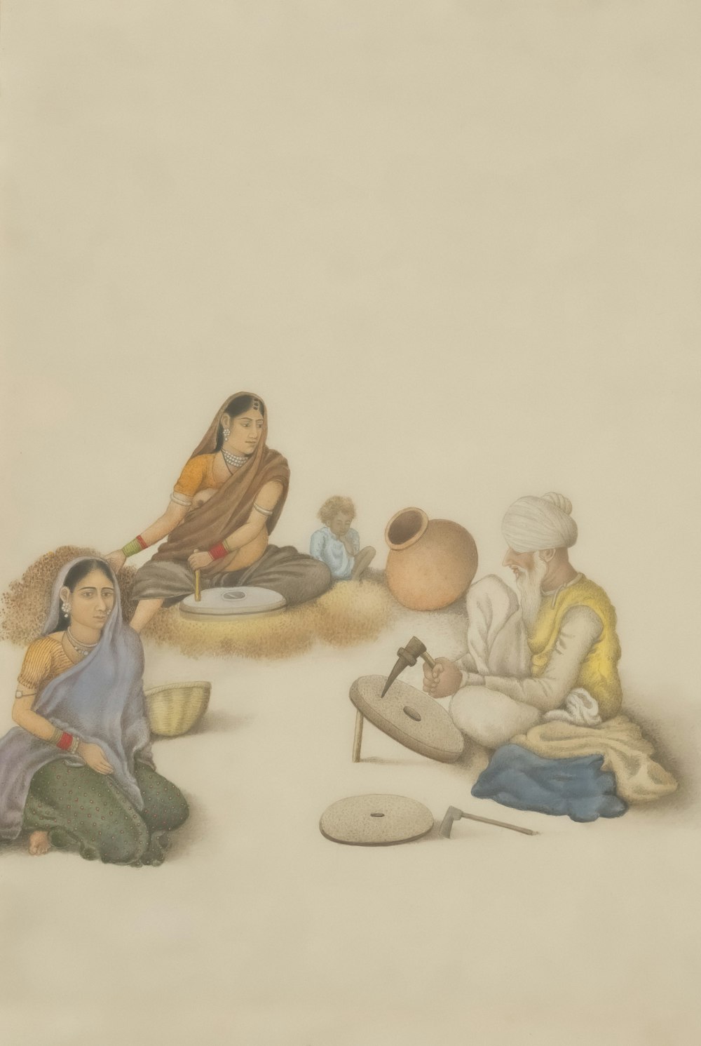 Un dibujo de un grupo de personas sentadas en el suelo