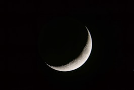 a half moon is seen in the dark sky