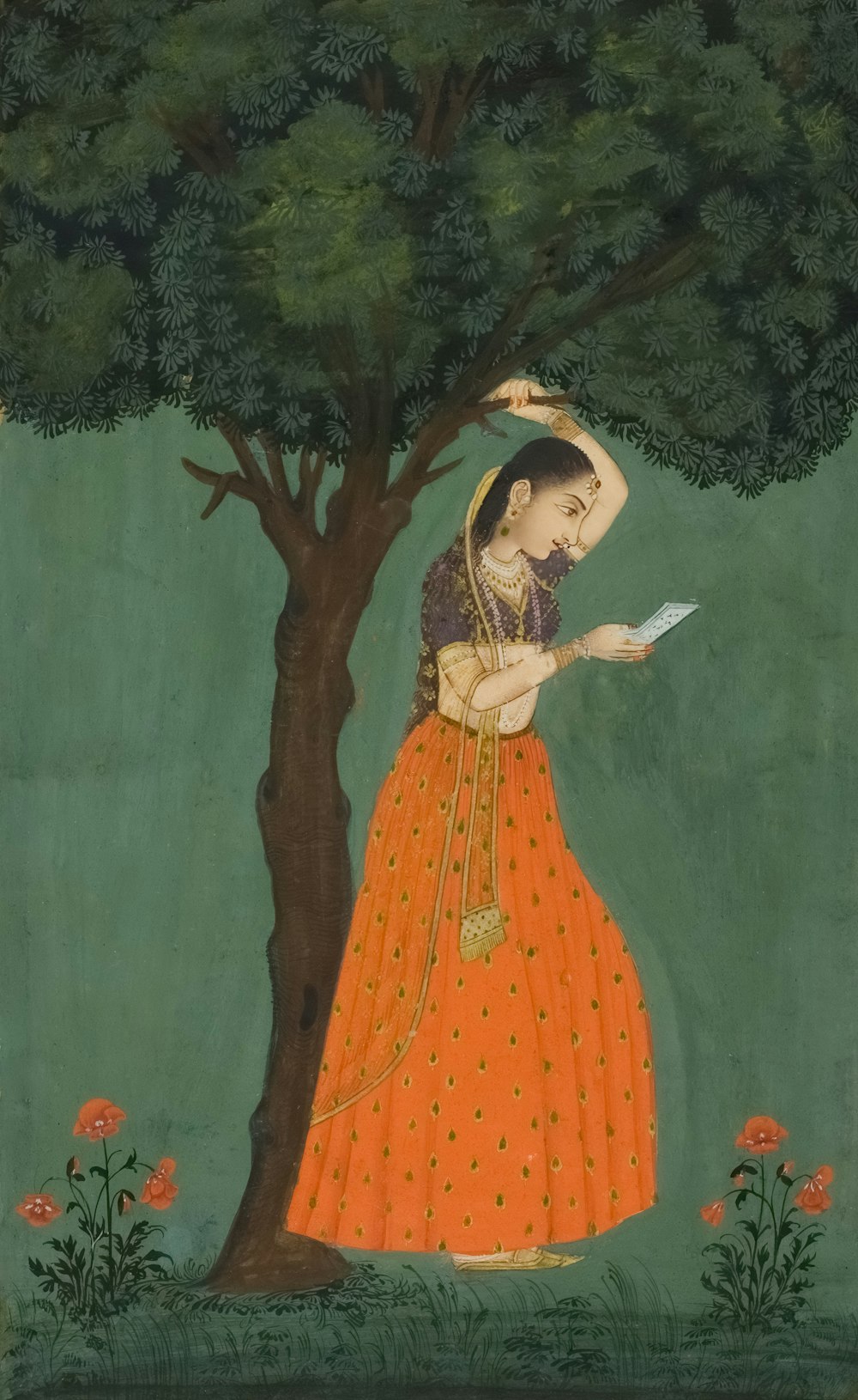 uma pintura de uma mulher em pé sob uma árvore