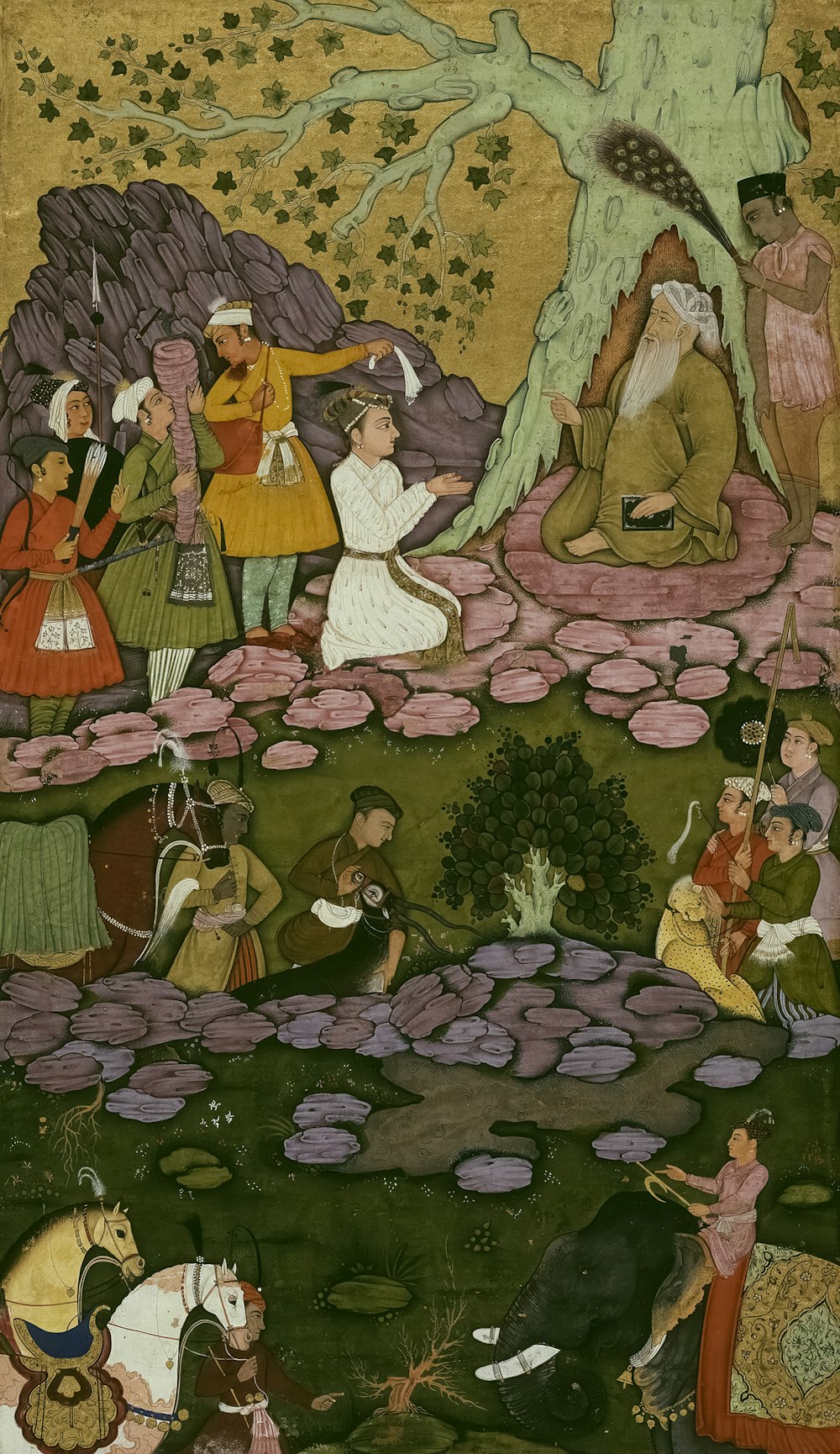 uma pintura de um grupo de pessoas em uma floresta