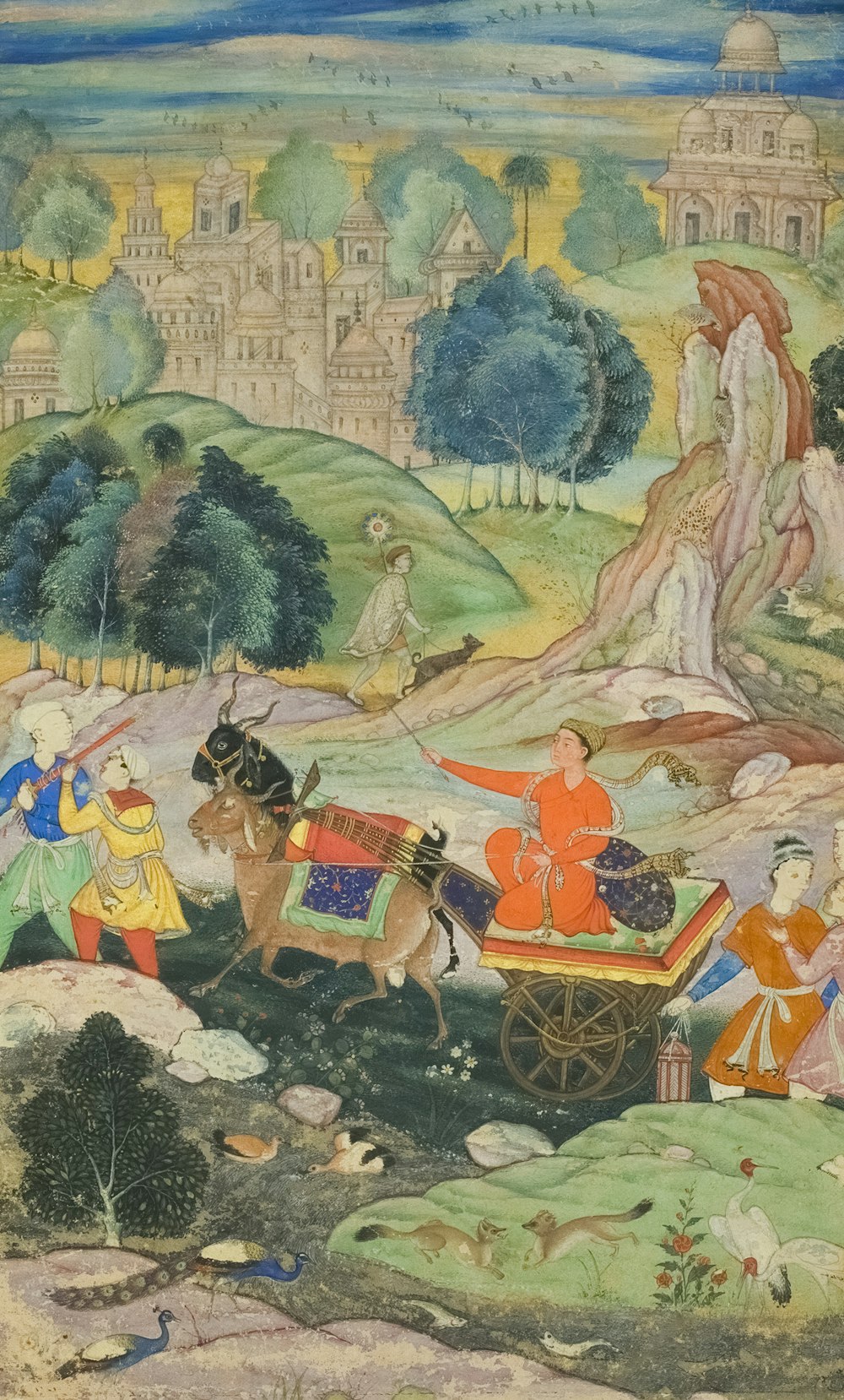 uma pintura de um homem montado em uma carruagem puxada por cavalos