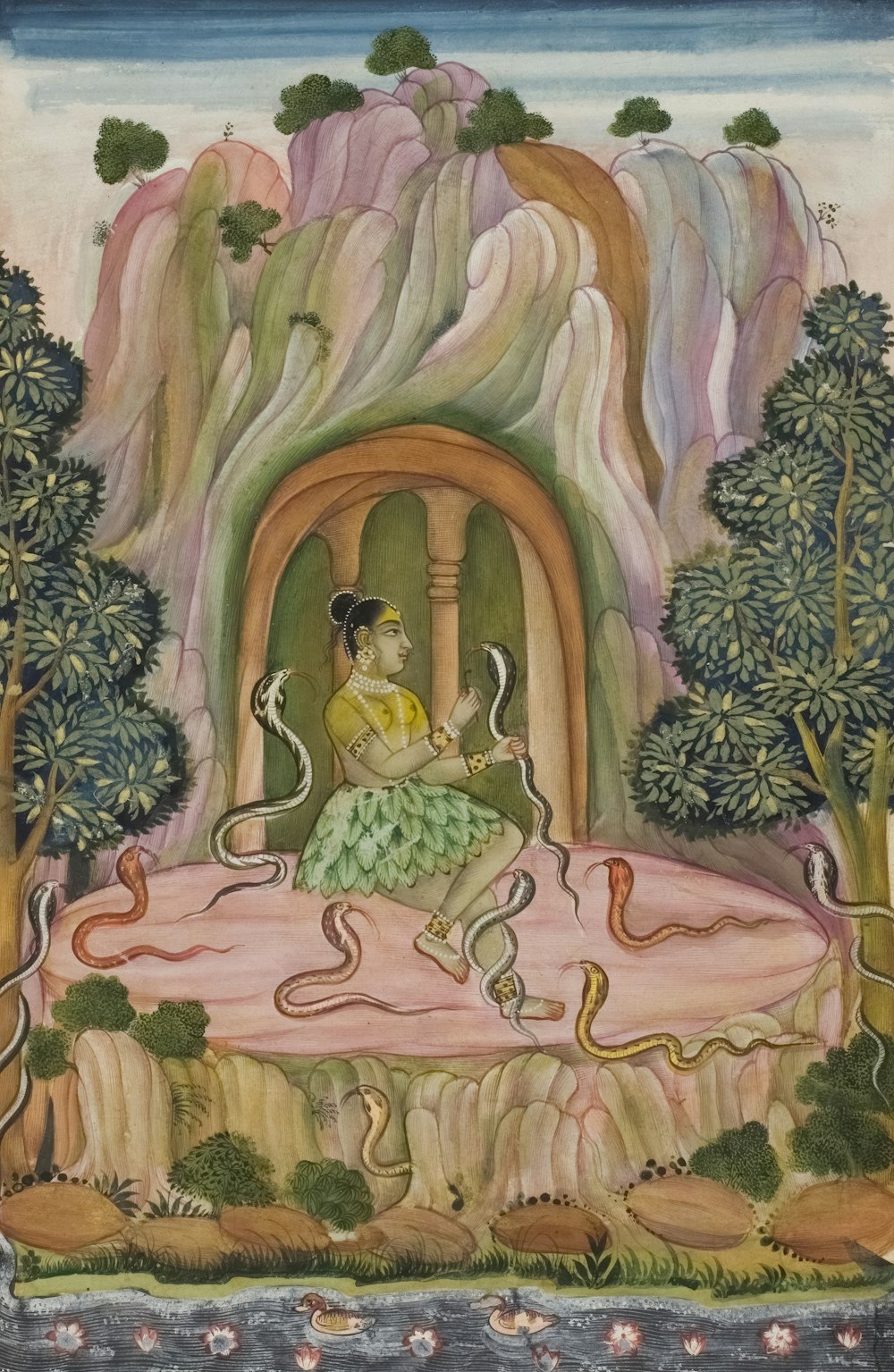 uma pintura de uma mulher sentada em uma cama